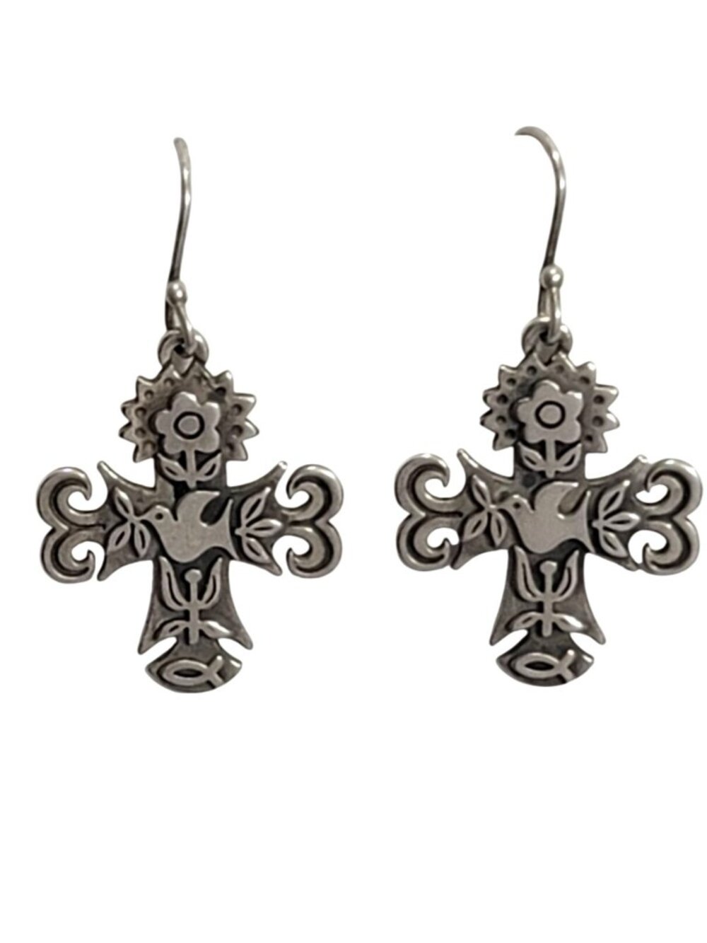 Sterling Silver 925 La Primavera Cross Dangle Earrings Dove Floral James Avery
